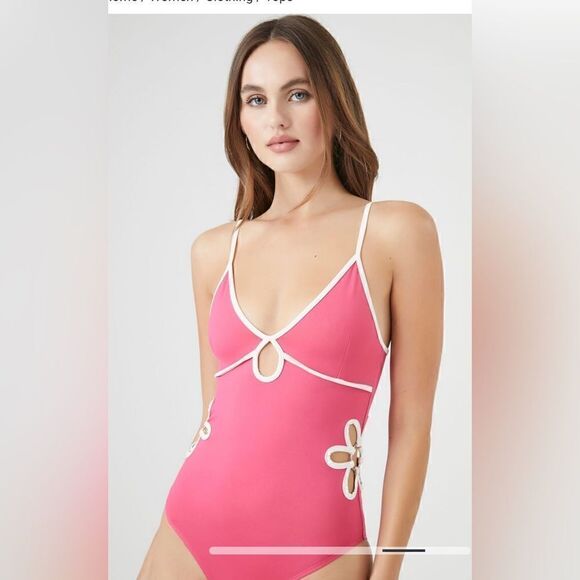 Forever 21 Flower Cutout Cami Bodysuit- white/Pink - Picture 1 of 8